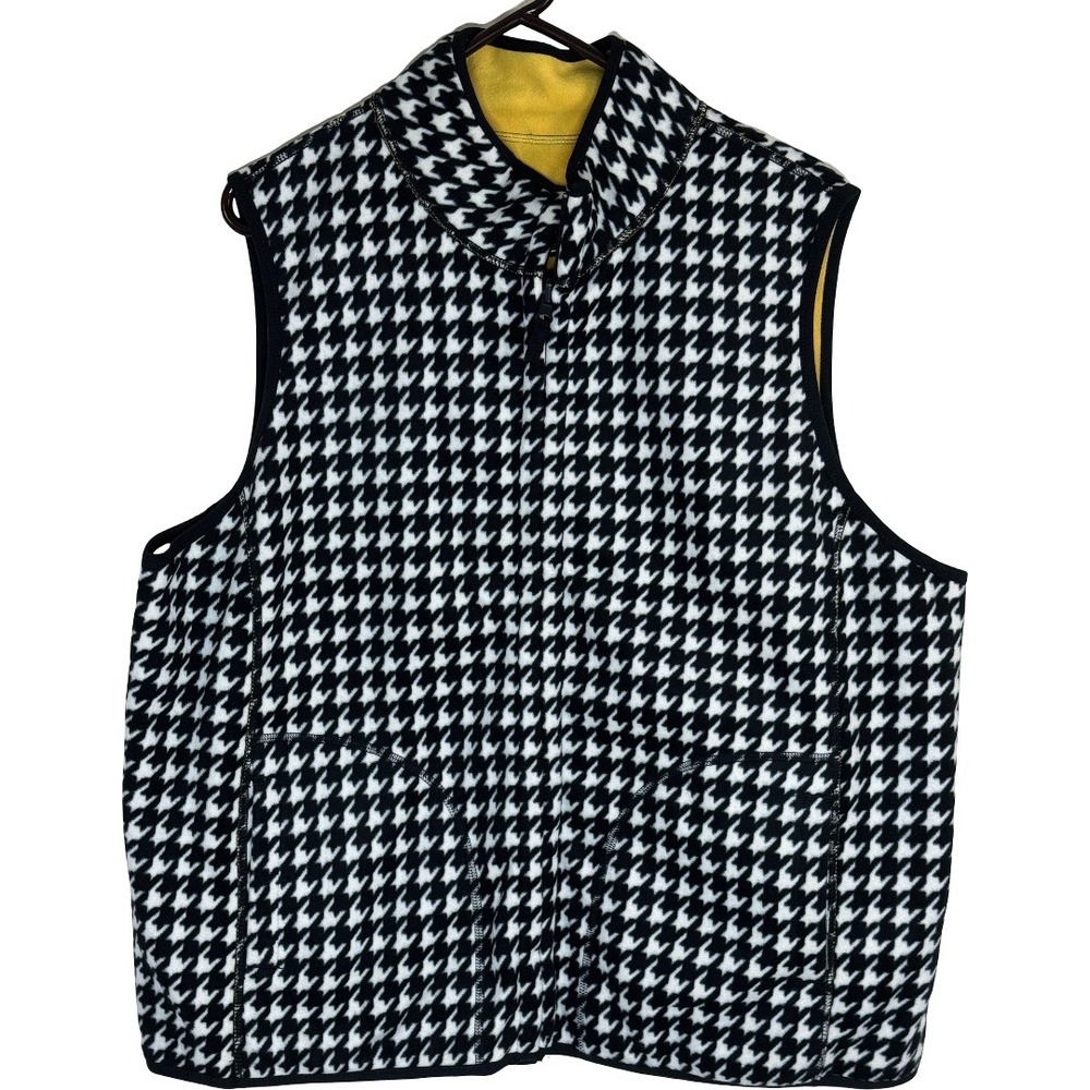 Reversible Fleece Vest Womens 2X Black White Houndstooth Mustard Yellow Full Zip - Picture 8 of 11